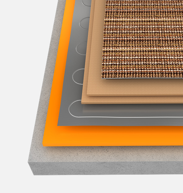 Electric underfloor foil mat exploded install image using dual heatpak